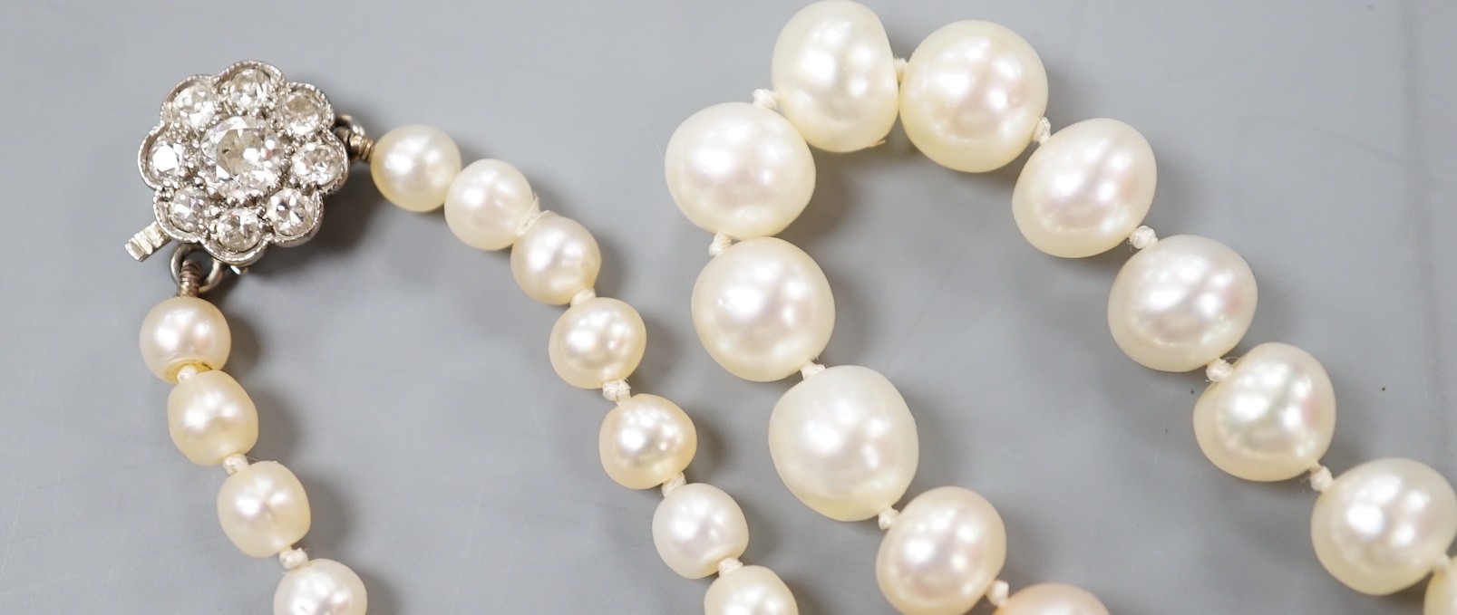 An early 20th century single strand possibly part natural? and part cultured pearl necklace, with diamond cluster set white metal clasp, 112cm.